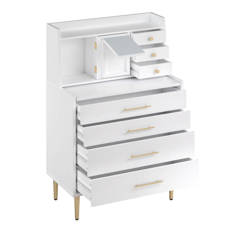 Vanity Makeup Table with Mirror and Retractable Table, Storage Dresser for Bedroom with 7 Drawers and Hidden Storage, White