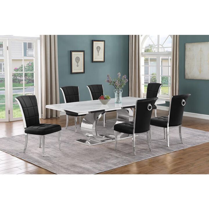 Best Quality Furniture 7pc Large (87) marble top dining set with silver base and 6 Black side chairs