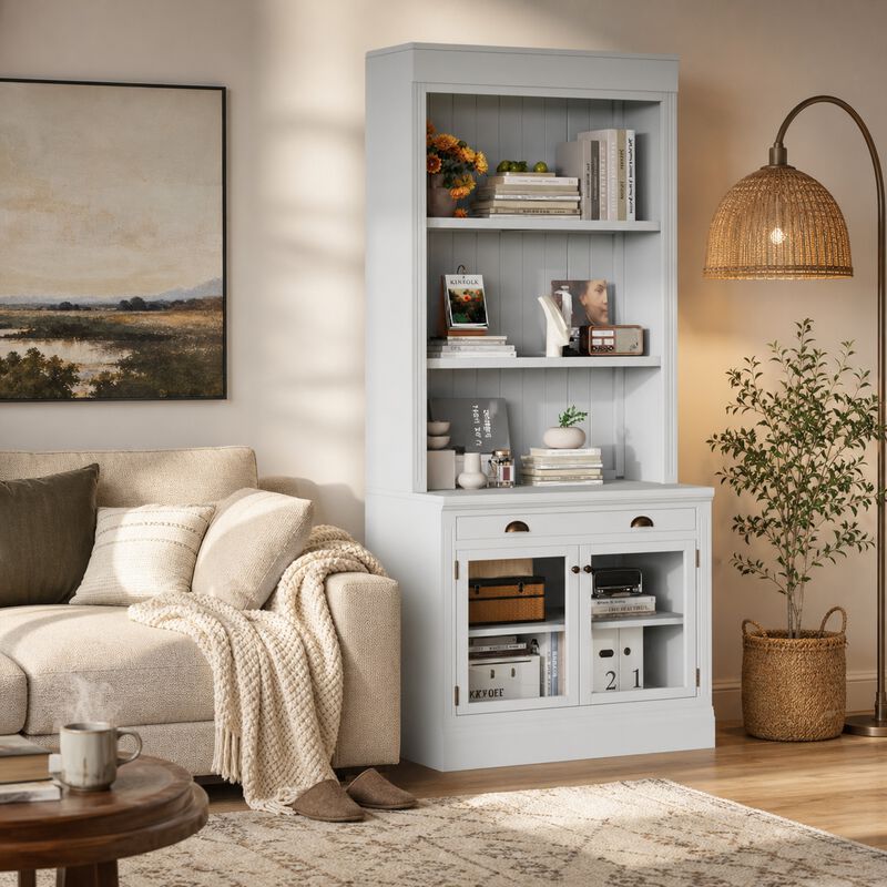 Whisen 83.4" Bookcase, 3-Open Shelves 1-Drawer 2-Glass Doors Solid Wood MDF for Office image number 1