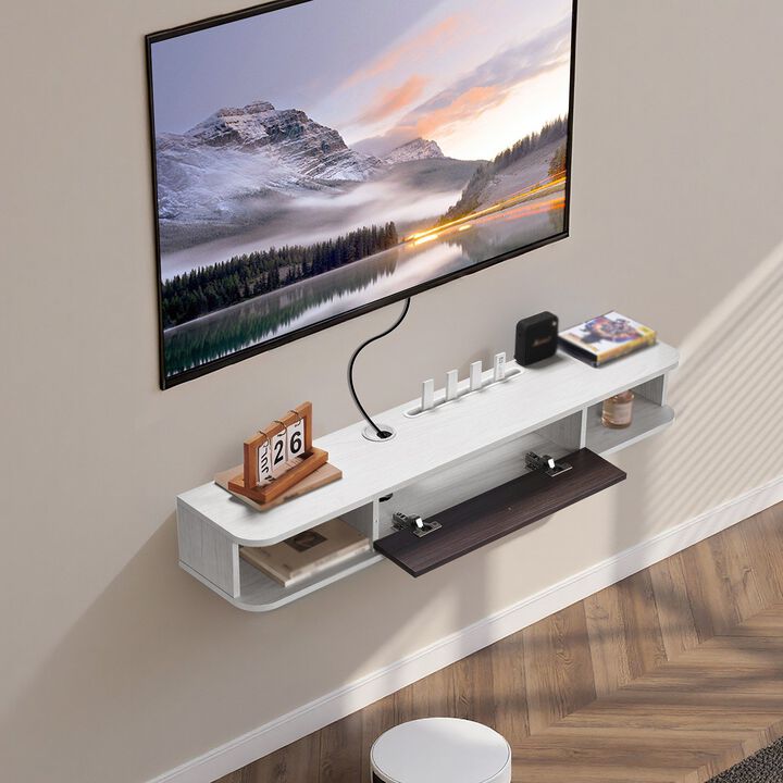 Modern Floating TV Stand with Storage Cabinet, Cable Hole for Game Console and Media Player-White