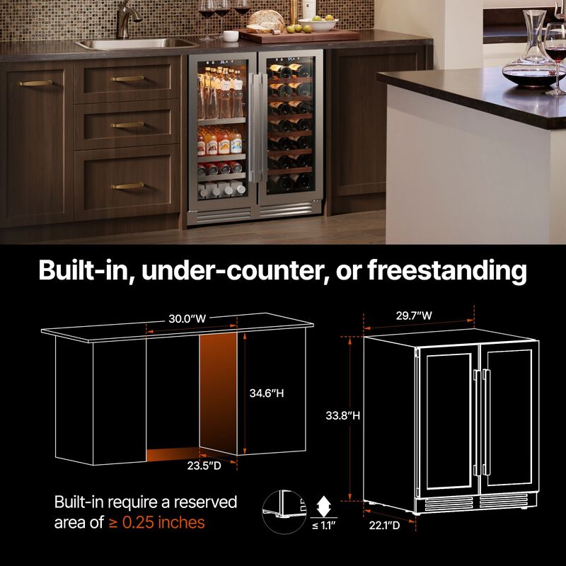 30 Inch Wine and Beverage Refrigerator, 3 Color LED, Dual Zone Wine Fridge,33 Bottles &80 Cans,Built-in Beverage Cooler image number 4