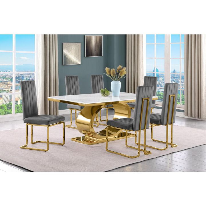 7pc Small(86") marble top dining set with gold base and 6 Dark grey side chairs