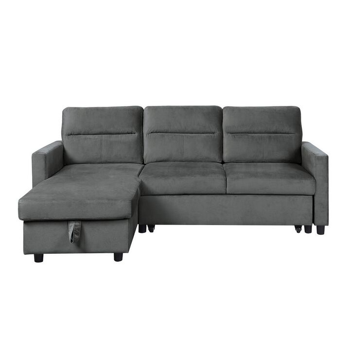 Ami 82 Inch Reversible Sleeper Sectional Sofa, Side Pocket, Gray Velvet-Benzara