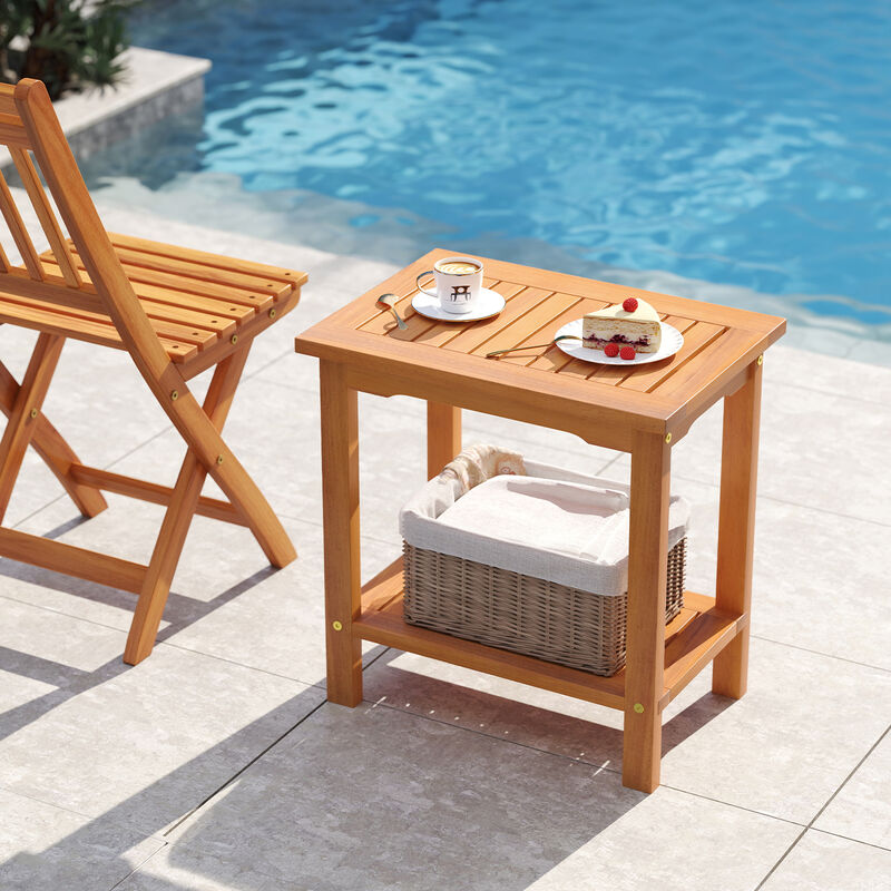 Outdoor 2-Tier Acacia Wood Side Table with Slatted Top and Lower Storage Shelf-Natural image number 4