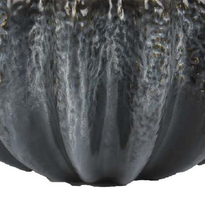 Decorative Bowl, Aqua Gray Ceramic, Fluted Scalloped Sides, 13 Inch