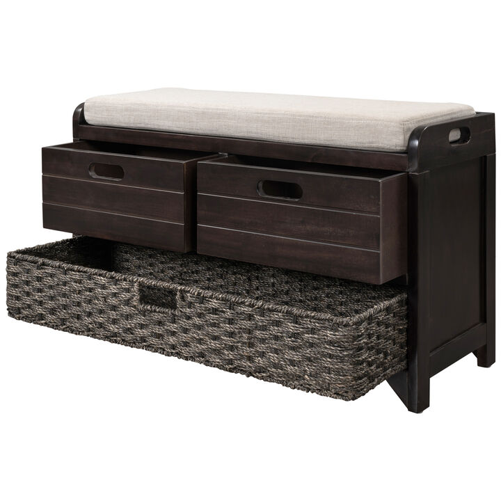 Storage Bench with Removable Basket and 2 Drawers, Fully Assembled Shoe Bench with Removable Cushion