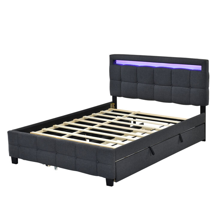 Queen Size Upholstered Platform Bed with LED Frame, with Twin XL Size Trundle and 2 drawers, Linen Fabric, Gray