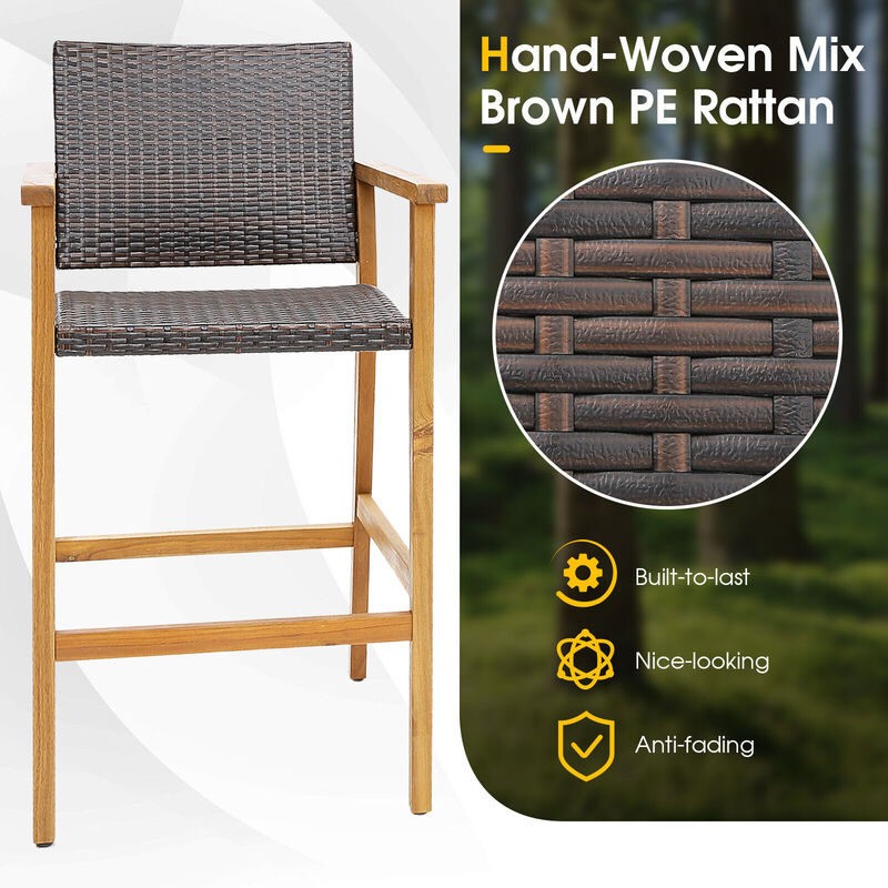 Set of 2 PE Wicker Patio Bar Chairs with Acacia Wood Armrests