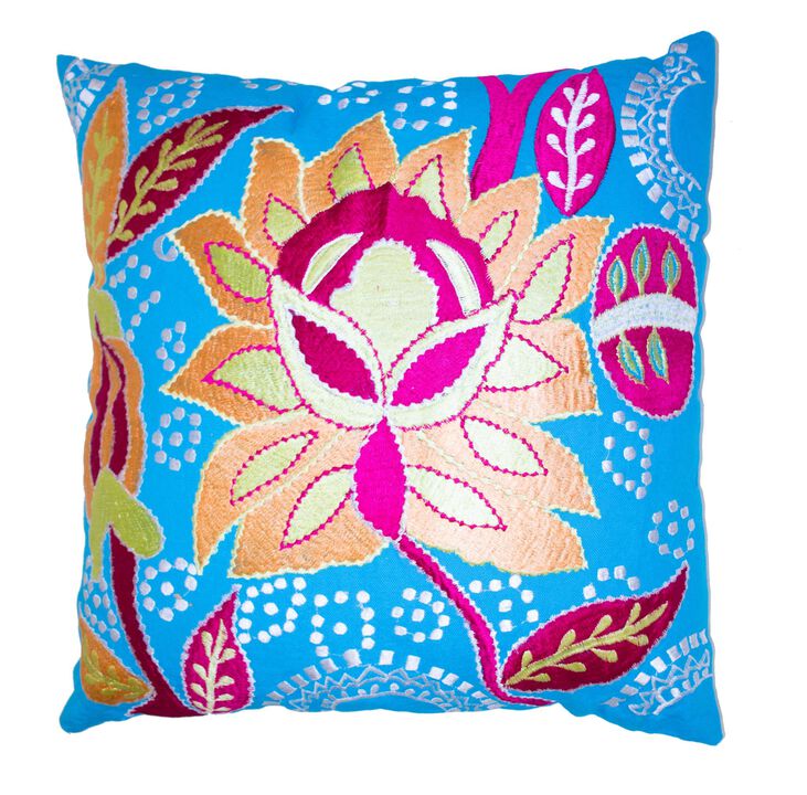 HomeRoots Set of Two 16" Blue And Pink Floral Cotton Throw Pillows with Embroidery