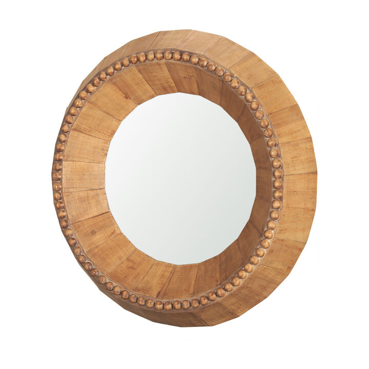 HomeRoots 30" Brown Solid Wood Faceted And Beaded Round Framed Accent Mirror