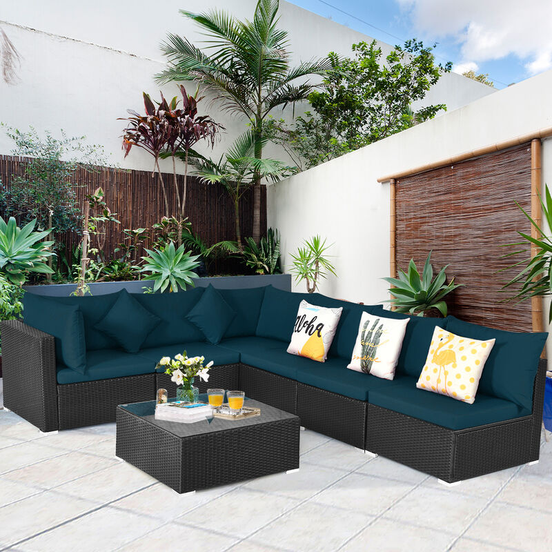 7-Piece Outdoor Sectional Wicker Patio Sofa Set with Tempered Glass Top