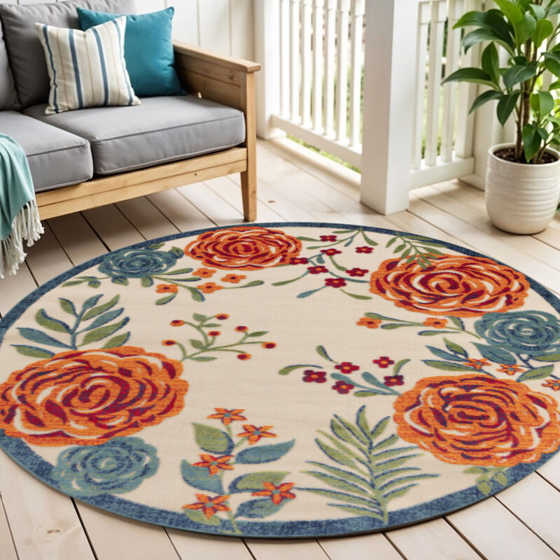 HomeRoots 5' Ivory Orange Blue And Green Round Floral Indoor Outdoor Area Rug image number 1