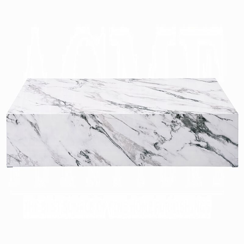 Ritzy Coffee Table, Modern Plinth, White Gray Faux Stone, 48 Inch image number 1