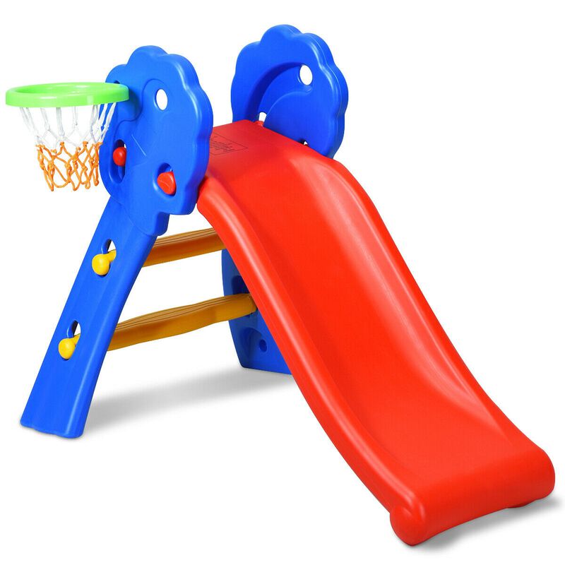 Foldable 2-Step Kids Slide with Hoop for Indoor Fun &ndash; Red, Blue, Yellow image number 0