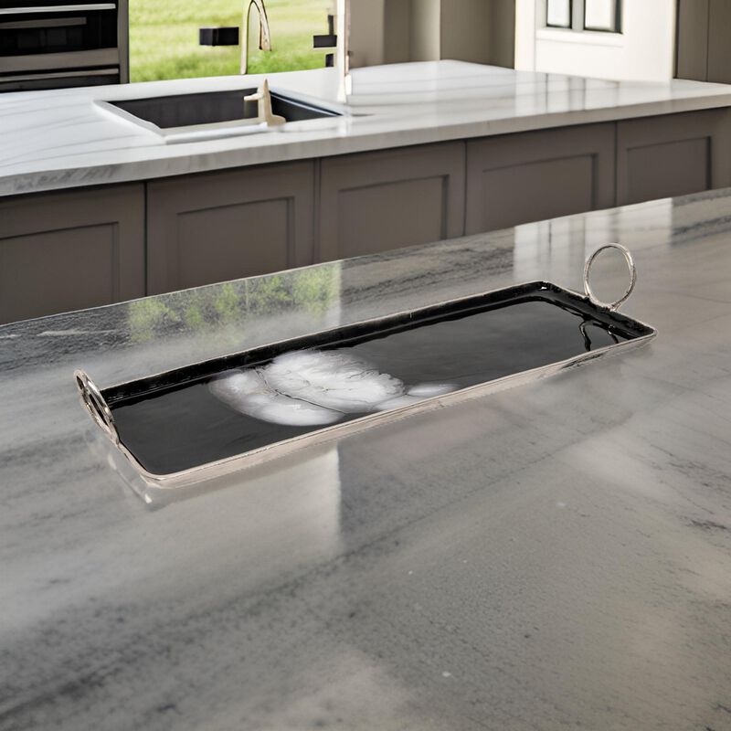 Tray with Metal and Ring Handles, Black and Silver - Benzara image number 5