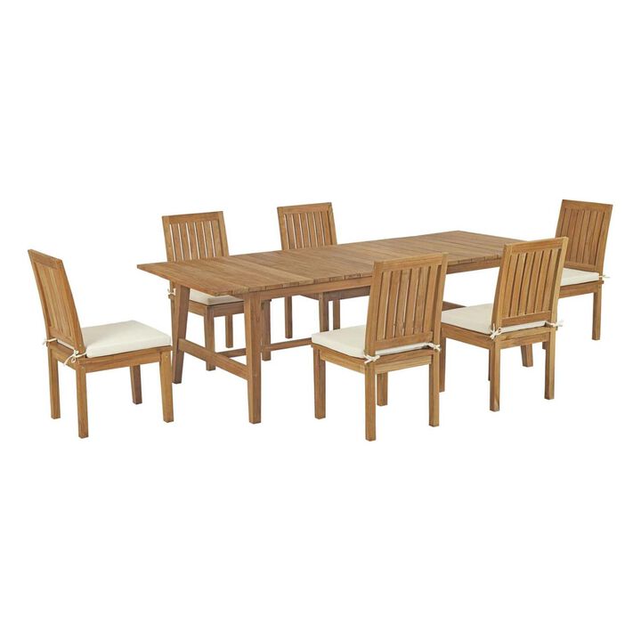 Modway EEI-3307-NAT-WHI-SET Marina 7 Piece Patio Teak Outdoor Dining Set in Natural White, Six Side Chair/One Table,