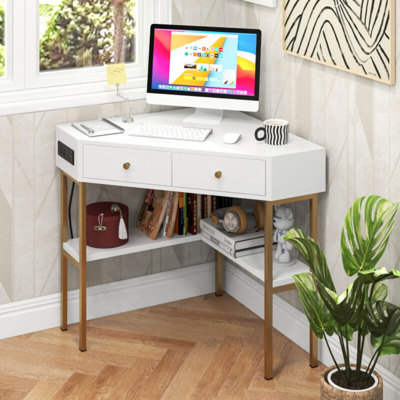 Space Saving Corner Computer Desk with 2 Large Drawers and Storage Shelf