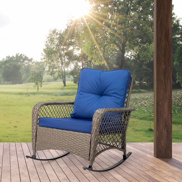Outdoor Wicker Rocking Chair with Blue Cushion &ndash; Lightweight and Stylish Garden or Balcony Chair
