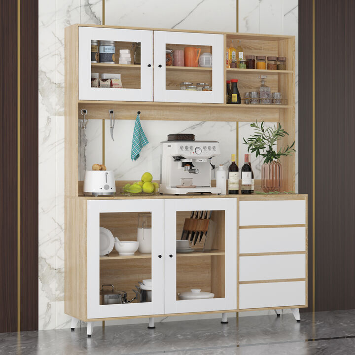 Glass Doors Light Brown Large Pantry Kitchen Cabinet With Hutch, 4-Drawers, Hooks 74.8 in. H x 63 in. W x 15.7 in. D