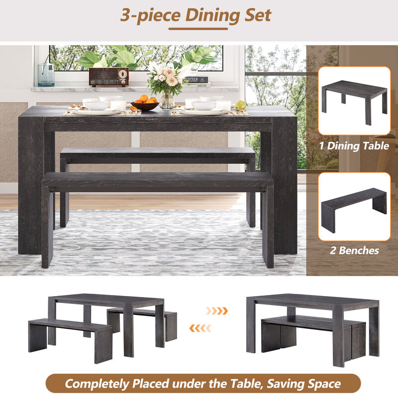 3-piece Farmhouse Style Simple Dining Set, Dining Table and 2 Benches, for Dining Room, Kitchen and Living Room (Natural Wood Wash)