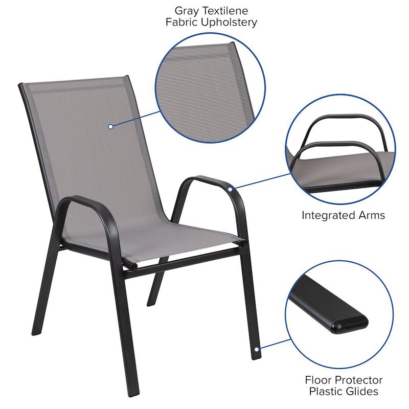 Flash Furniture 5 Piece Set - 55" Tempered Glass Patio Table, 4 Gray Stack Chairs image number 2