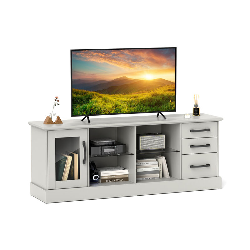 Media Console Table with 3 Drawers and 2 Glass Shelves for Stylish TV and Media Storage