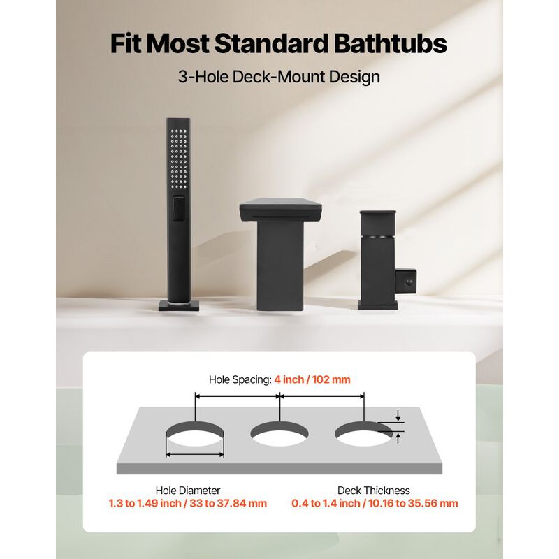 Waterfall Roman Tub Faucet Set with Handheld Shower, 3 Hole Bathtub Faucet-     Matte Black image number 6