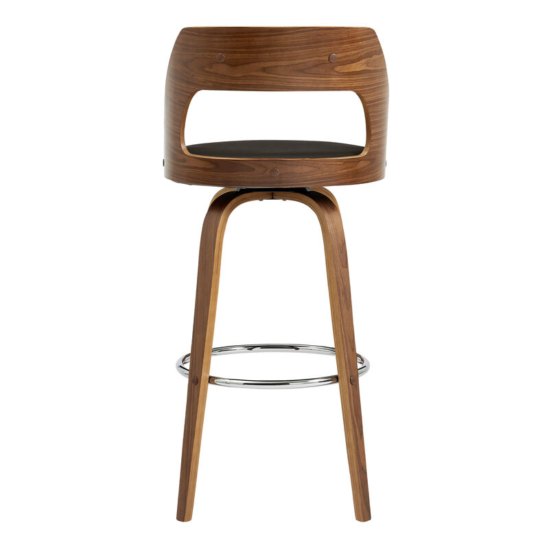 Axel Swivel Bar Stool in Brown Faux Leather and Walnut Wood