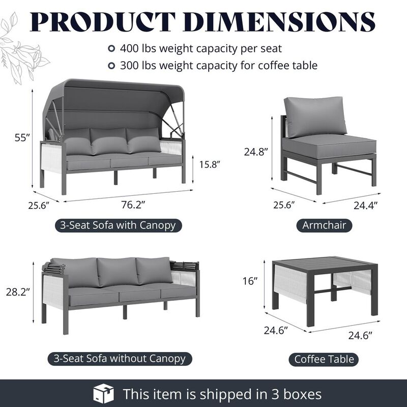 Mondawe Aluminum Patio Furniture Sets, 4 Pieces Outdoor Sectional Sofa with Retractable Canopy, Patio Conversation Set with Cushions for Outdoor