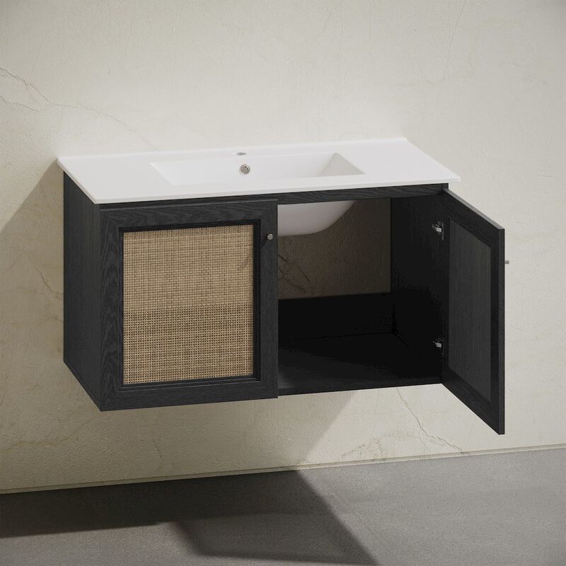 36" Wall-Mounted Bathroom Vanity in Black Oak with Single Faucet Hole Vanity Top image number 8