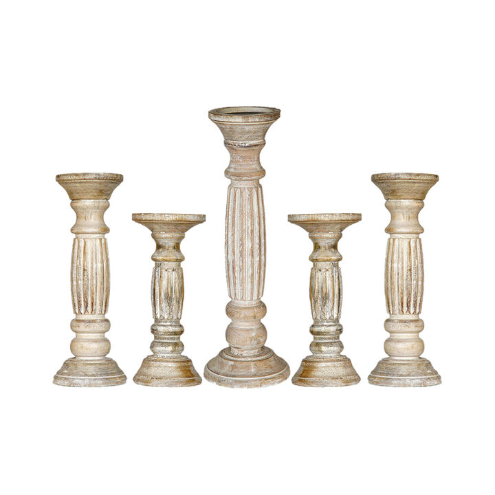Traditional Antique White Eco-friendly Handmade Mango Wood Set Of Five 12",9",6",9" & 12" Pillar Candle Holder