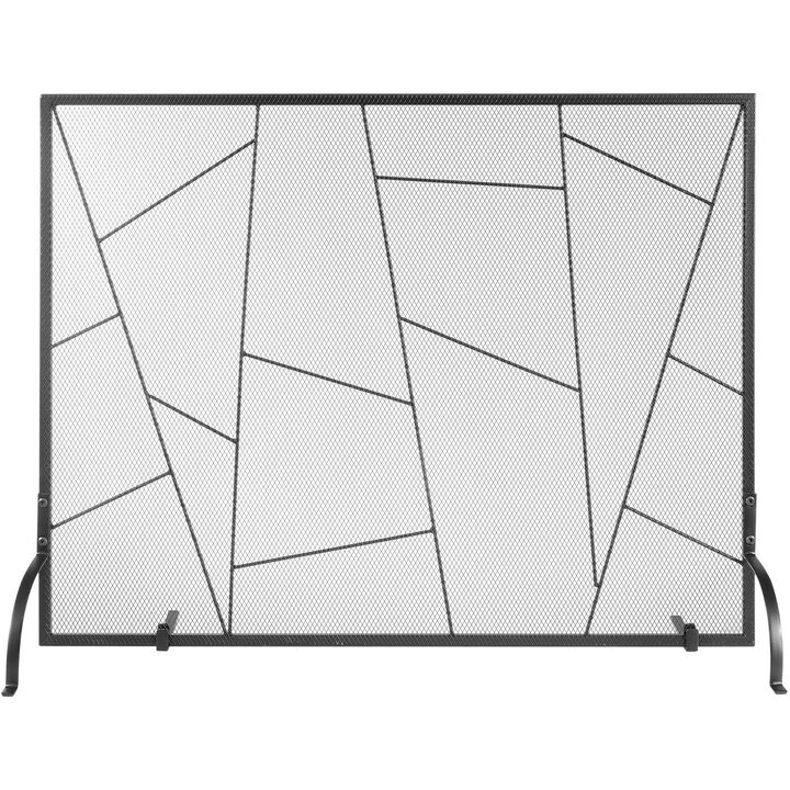 Modern Fireplace Spark Screen with Durable Iron Mesh, Freestanding Hearth Safety Screen-Black