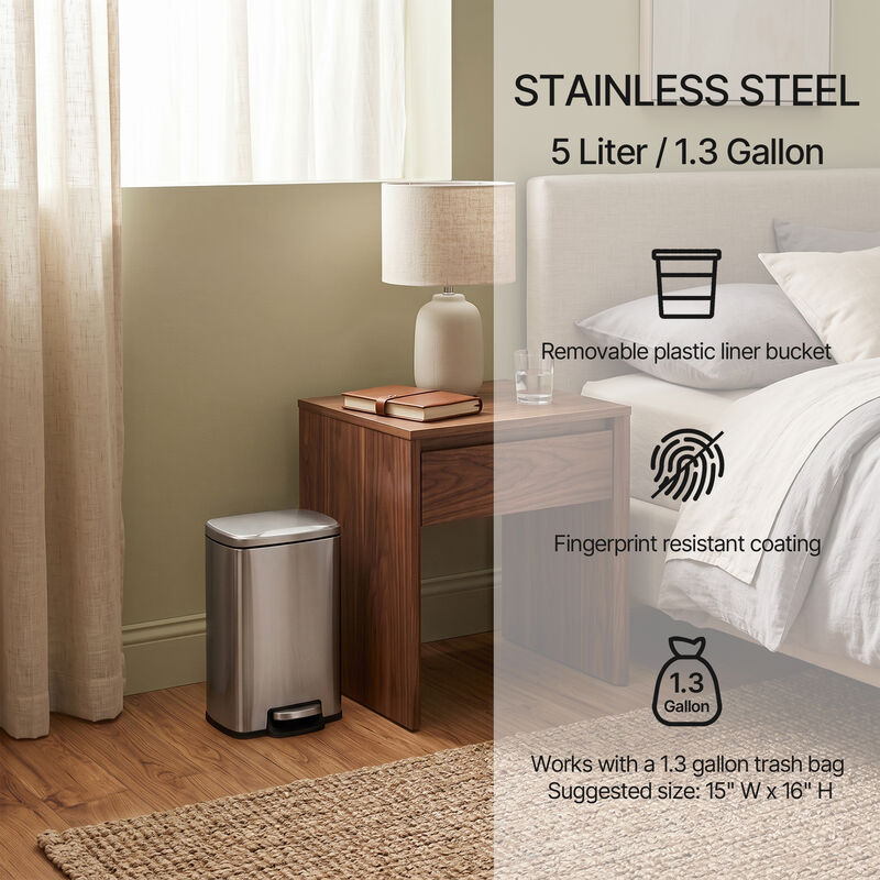 1.3 gal./5 Liter Stainless Steel Trash Can, Step-on Trash Can with Soft Close Lid for Bathroom, Bedroom and Office, Silver image number 5