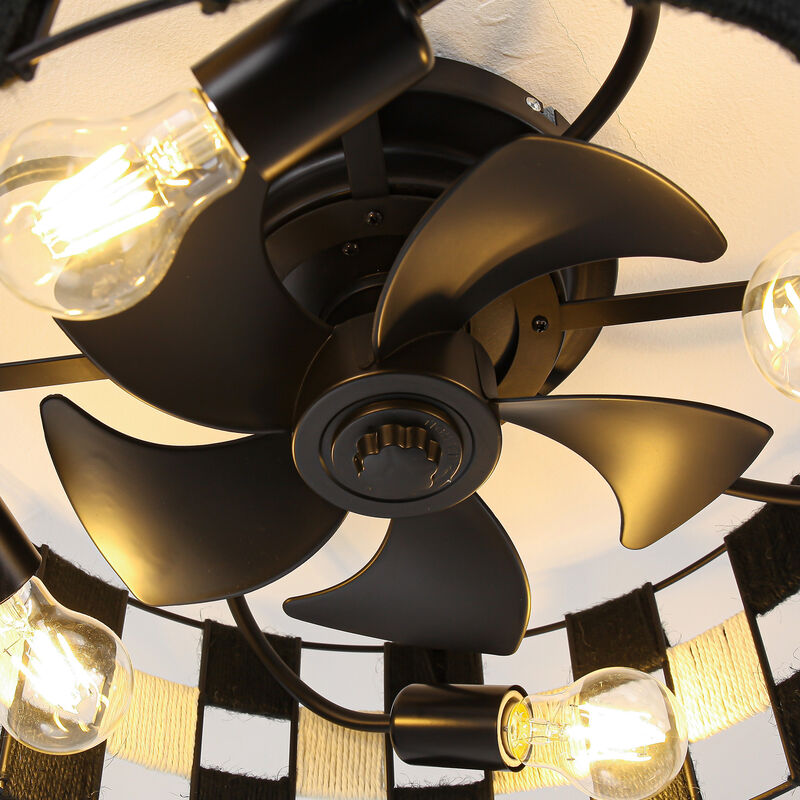 17.7 in. APP Control Black and White Rope Checkerboard Caged Ceiling Fan with Light and Remote