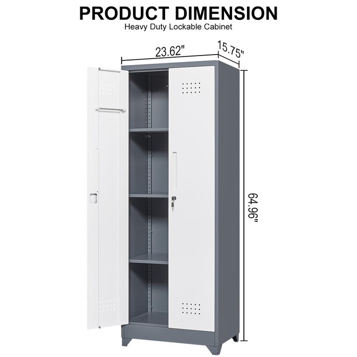 65" H Metal Broom Cleaning Tool Storage Cabinet With Locking Doors and Shelves