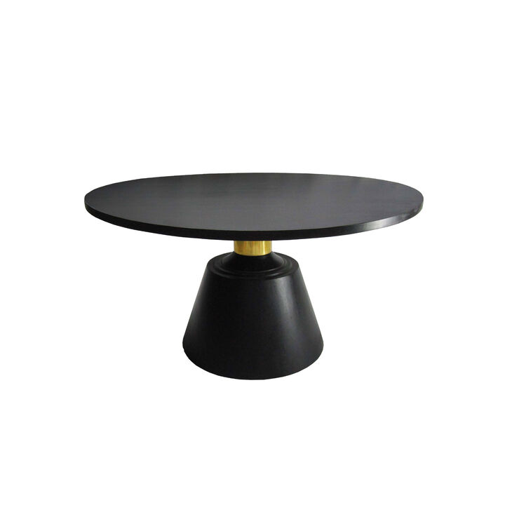 Fawn 32 Inch Coffee Table, Black Mango Wood Round Top, Modern Tapered Pedestal Base, Shiny Brass Support - Benzara
