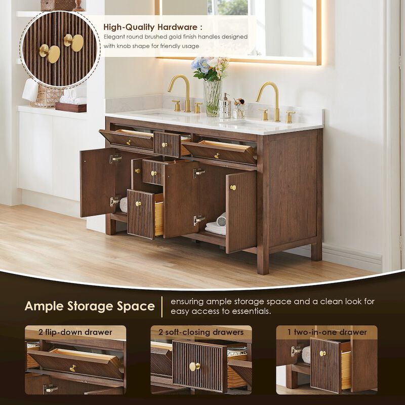 Altair-12 Double Bathroom Vanity in Brown Oak Grain White Engineered Stone Countertop