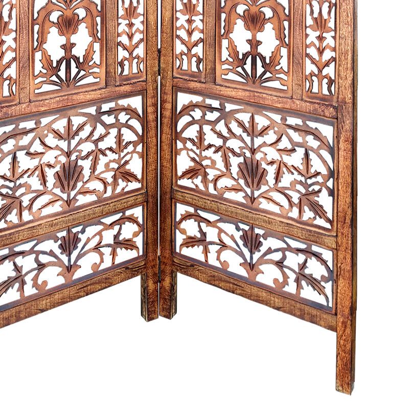 Handcrafted 3 Panel Mango Wood Screen with Cutout Filigree Carvings, Brown - Benzara