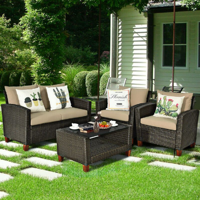 4-Piece PE Wicker Patio Furniture Set with Padded Cushions &ndash; Outdoor Seating