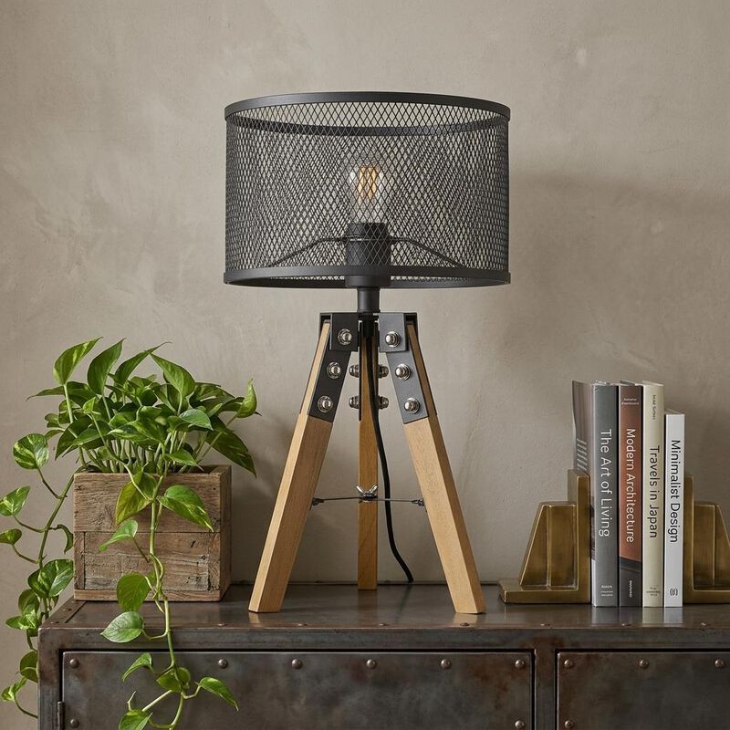 HomeRoots 20" Brown Solid Wood Tripod Table Lamp With Black Drum Shade image number 1