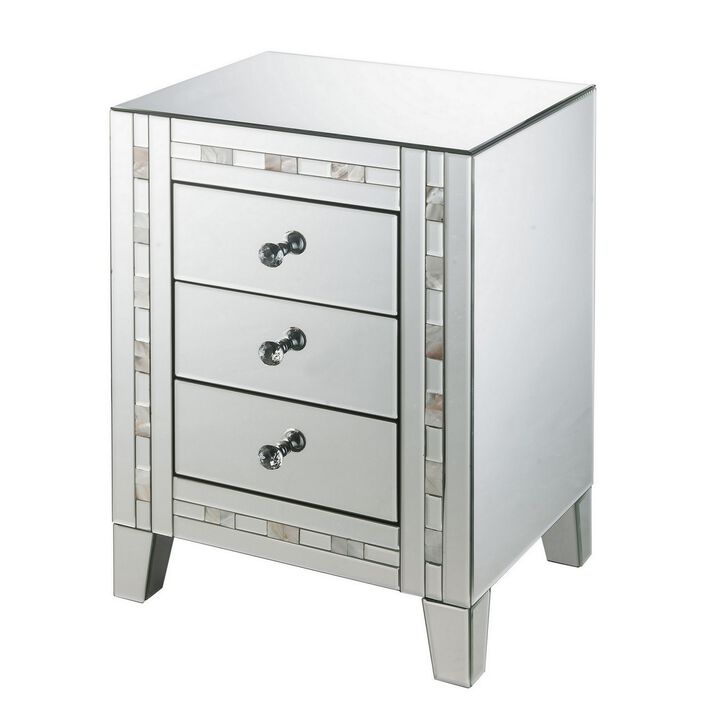 3 Drawer Beveled Mirrored Accent Table with Pearl Inlay, Silver-Benzara