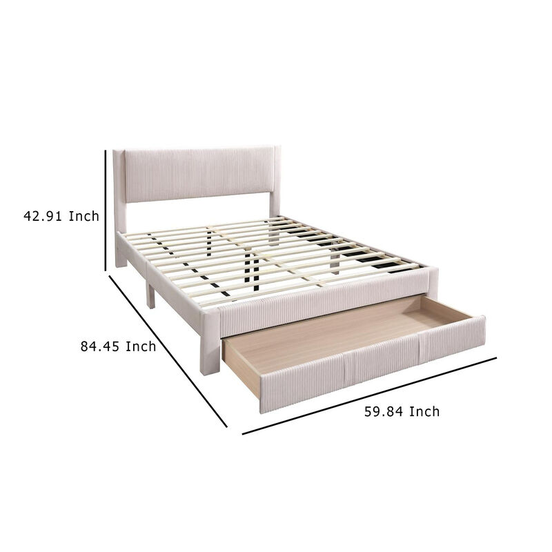 Peo Queen Size Bed w Storage Drawer, Light Pink Corduroy Upholstery - Benzara