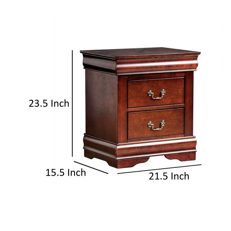 Ryla Nightstand, 2 Drawers, Cherry Brown Solid Wood, Bronze Drop Handles