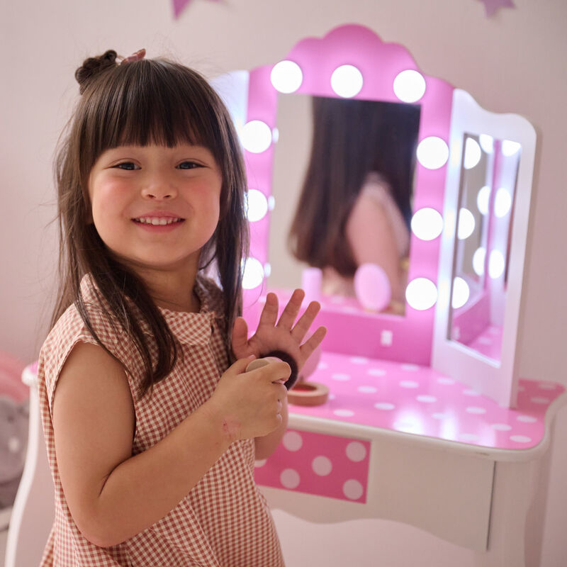 Teamson Kids Engineered Wood Vanity Set with LED Lighted Tri-Fold Acrylic Mirror, Storage Drawer & Stool, White/Pink, Fantasy Fields Gisele Polka Dot image number 7