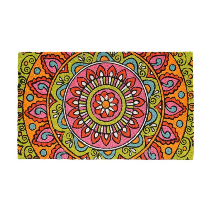 HomeRoots 18" X 30" Green and Pink Coir Abstract Outdoor Door Mat
