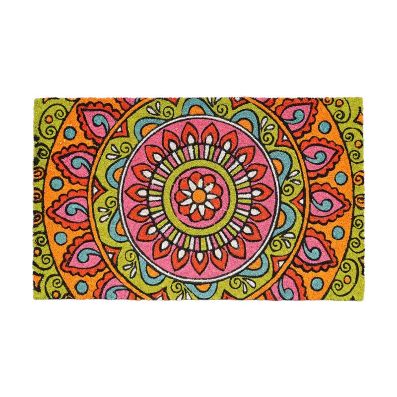 HomeRoots 18" X 30" Green and Pink Coir Abstract Outdoor Door Mat image number 0