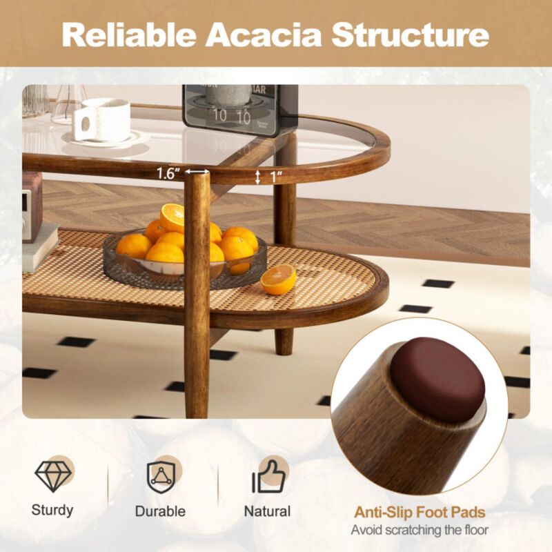 Hivvago 2-Tier Coffee Table with Tempered Glass Tabletop and Acacia Wood Frame