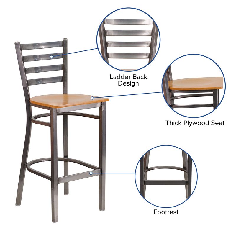 Flash Furniture HERCULES Series Clear Coated Ladder Back Metal Restaurant Barstool - Natural Wood Seat