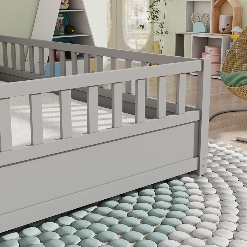 Floor Bed Frame for Kids with High Security Rails and Entry Door