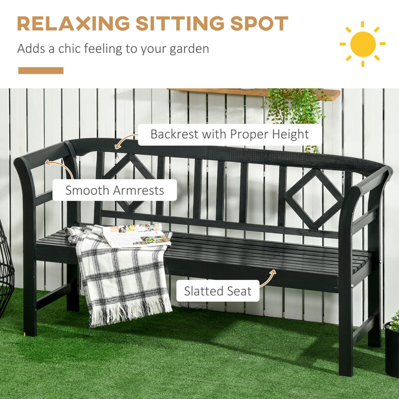 Outsunny Wooden Patio Bench, Outdoor Garden Bench with Backrest and Armrests, 3 Person Porch Bench with Rustic Country Diamond Pattern, Black